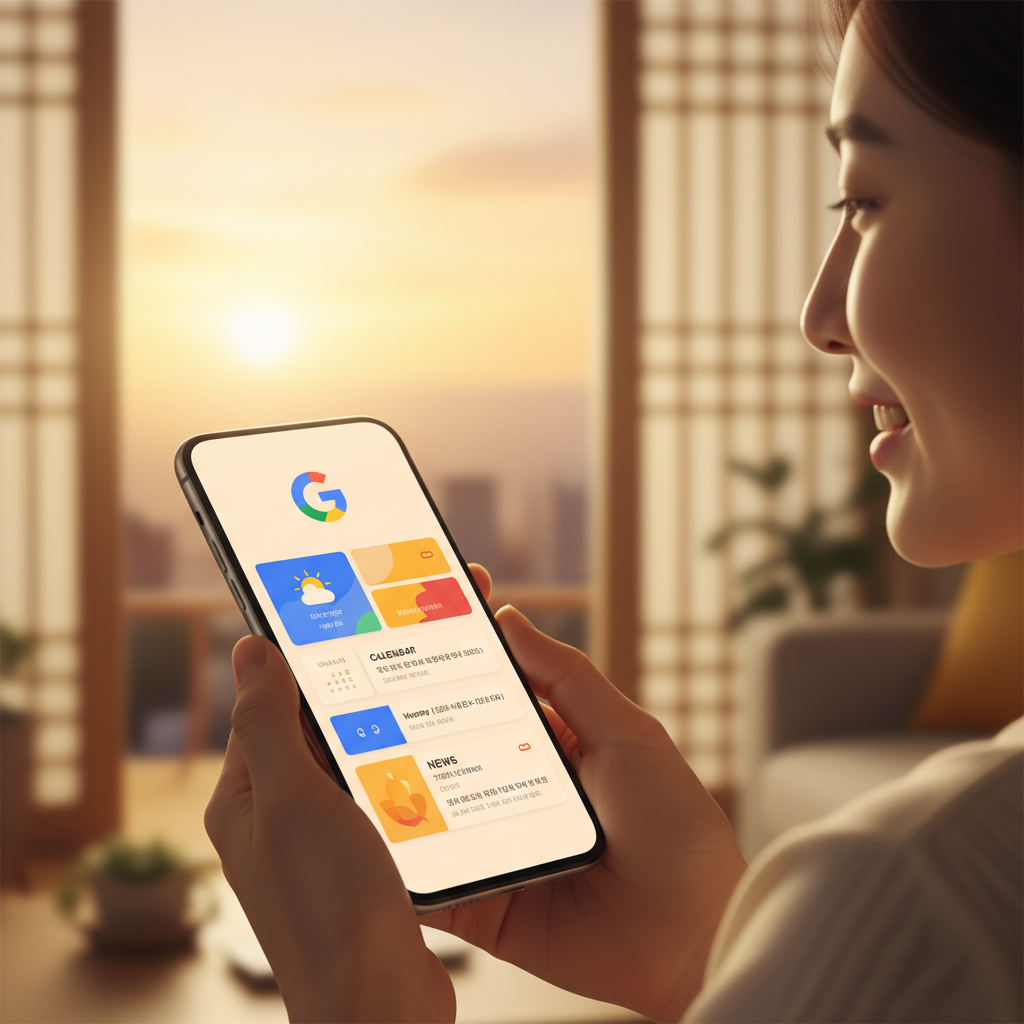 A conceptual image featuring the Google logo subtly integrated into a clean, modern smartphone interface displaying a personalized daily briefing, with a user looking on with satisfaction, warm lighting, colored background, Korean setting, no text, 4:3