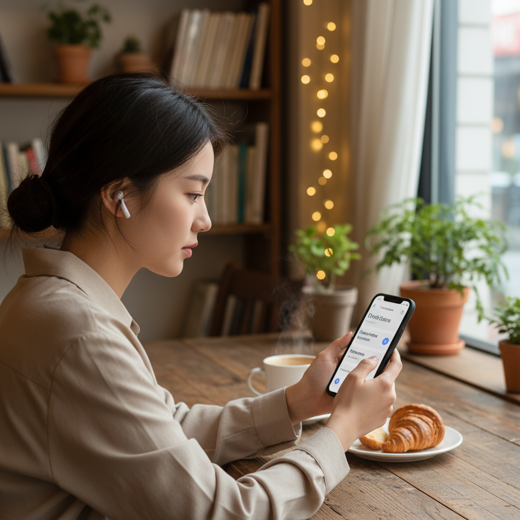 A Korean person focused on a smartphone screen, actively practicing a foreign language using the Google Translate app's learning tools. Bright, balanced lighting, a cozy cafe background, no text. Lifestyle photography.