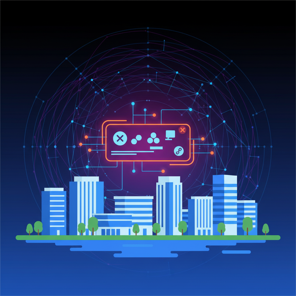 Google's Seattle headquarters, with a subtle dark web theme in the background, a digital interface showing a notification about service termination, clean infographic style, modern layout, high contrast, colored background, no text, 4:3 aspect ratio.