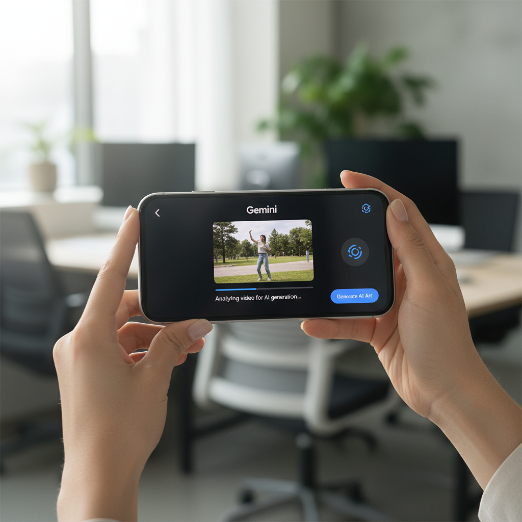 Close-up of Korean hands holding a smartphone, the Gemini app interface is visible on the screen, showing a video being analyzed for AI generation, soft focus office background, natural lighting, no text, 4:3 aspect ratio