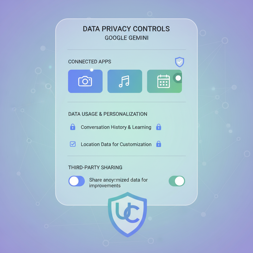 A clean, modern infographic illustrating data privacy settings within Google Gemini. Focus on a stylized user interface showing toggles or checkboxes for connected apps and data usage. Emphasize user control over personal information with padlock icons or shield motifs. The background should be a subtle tech-inspired gradient. No visible text in image.