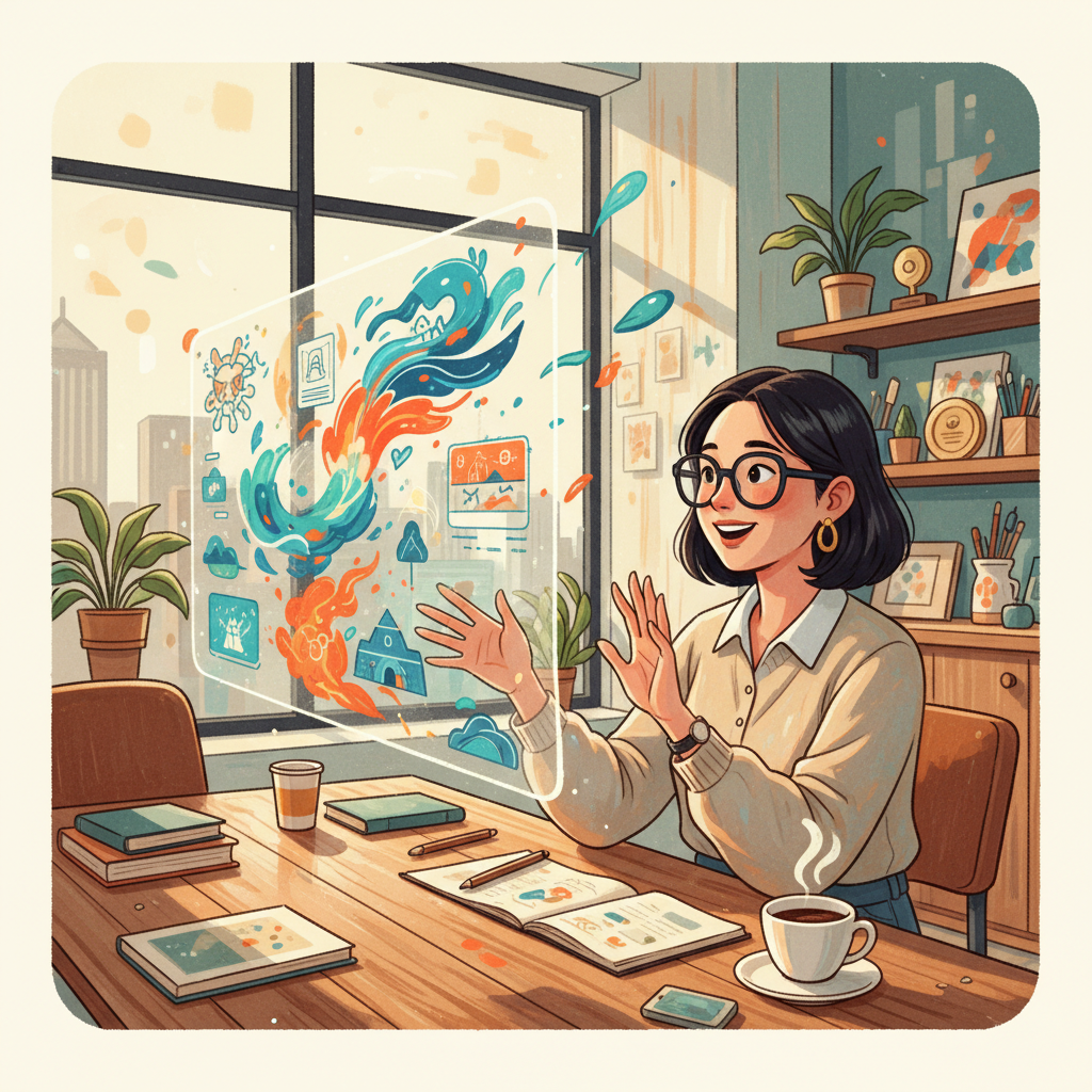 A dynamic, vibrant illustration showing a Korean person happily interacting with a stylized AI interface that subtly displays visual elements related to image generation, such as colorful abstract patterns or quick sketches forming. The scene is energetic and modern, possibly a cafe or creative studio setting, with warm, inviting lighting. Style: illustration, artistic rendering, textured background. No visible text. Full frame, capturing a sense of innovation and user satisfaction.