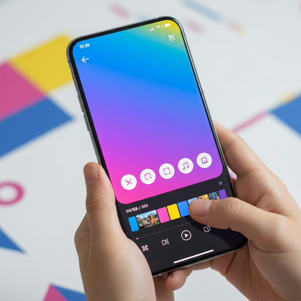 A modern smartphone screen displaying the Google Photos app with video editing tools, clean infographic style, high contrast, vibrant colored background, no text on UI elements, Korean hands holding phone