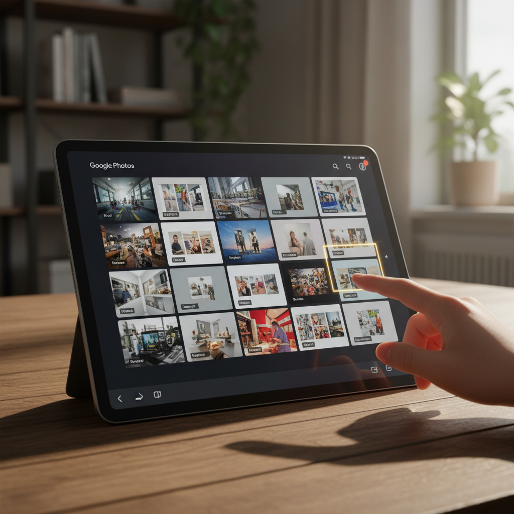 A dynamic screen display of Google Photos on a tablet, showing a user selecting video templates with various styles, clean and modern interface, warm lighting, textured background, no visible text on UI