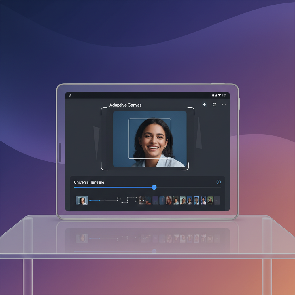 A clear and detailed infographic showing the redesigned Google Photos video editor on a tablet, highlighting the universal timeline and adaptive canvas, clean layout, high contrast, gradient background, no text