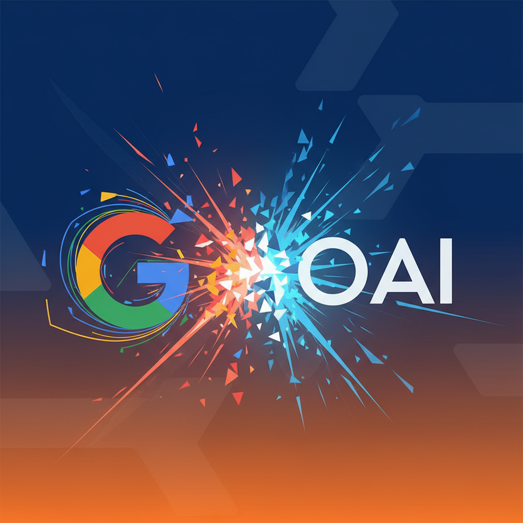 A dynamic graphic depicting Google and OpenAI logos clashing, representing competition, vibrant colors, clean infographic style, colored background, no text