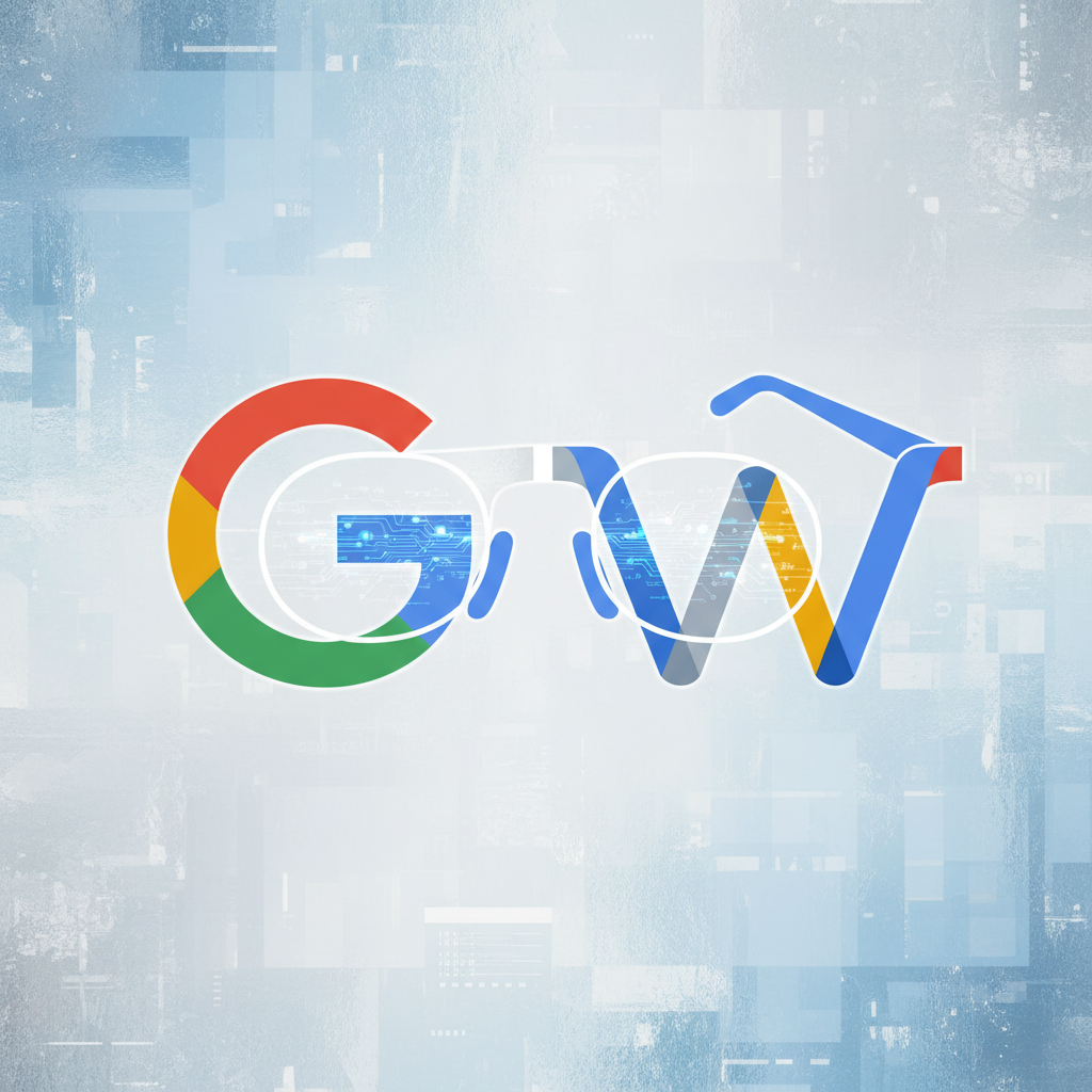 A conceptual image illustrating the partnership between Google and Warby Parker for AI glasses, showing intertwined logos or symbolic representation of technology and eyewear, clean infographic style, abstract textured background, no text.