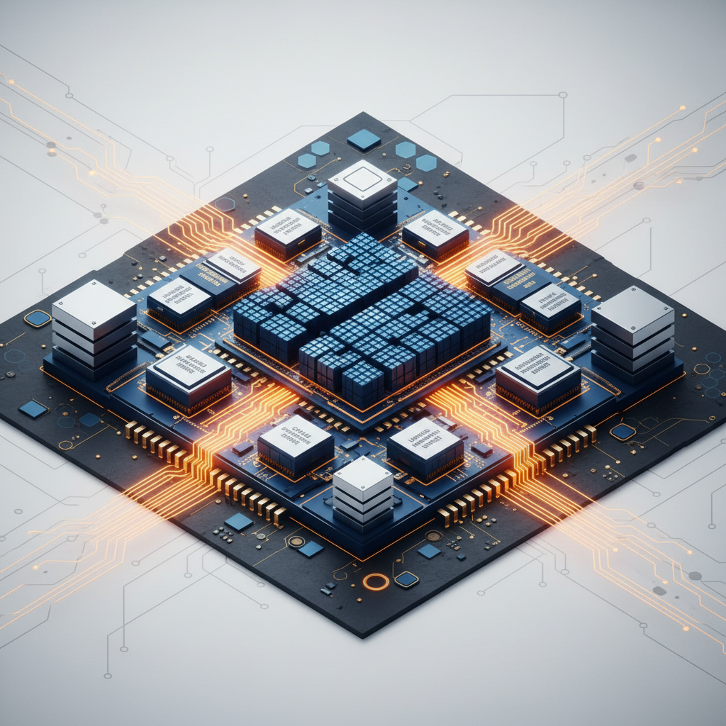 A clean infographic showing the intricate design of Google's 7th-generation TPU (Ironwood) chip, highlighting its advanced architecture, modern layout, high contrast, textured background with tech patterns, no text.