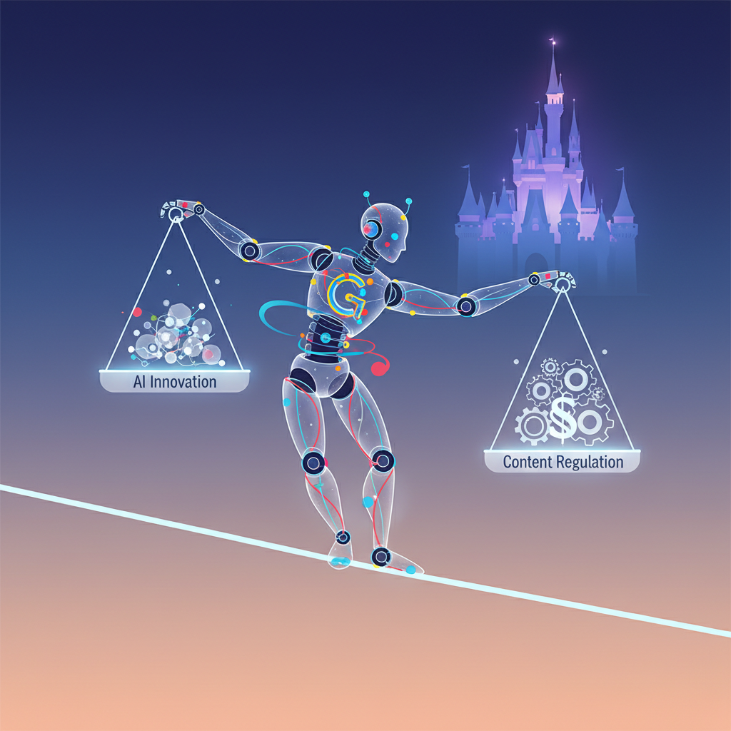 A stylized image of a humanoid robot (representing Google) carefully walking a tightrope, balancing a scale with "AI Innovation" on one side and "Content Regulation" on the other, with a faint Disney-like castle outline in the background, high contrast, clean infographic style, gradient background, no text, 1:1 aspect ratio