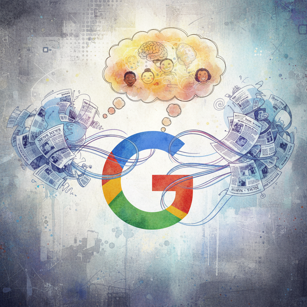 Conceptual illustration of Google's strategy, with a stylized 'G' logo interacting with news headlines and a thought bubble indicating "engaged audiences," artistic rendering, textured background, no text, centered focus, no empty margins, bright lighting.