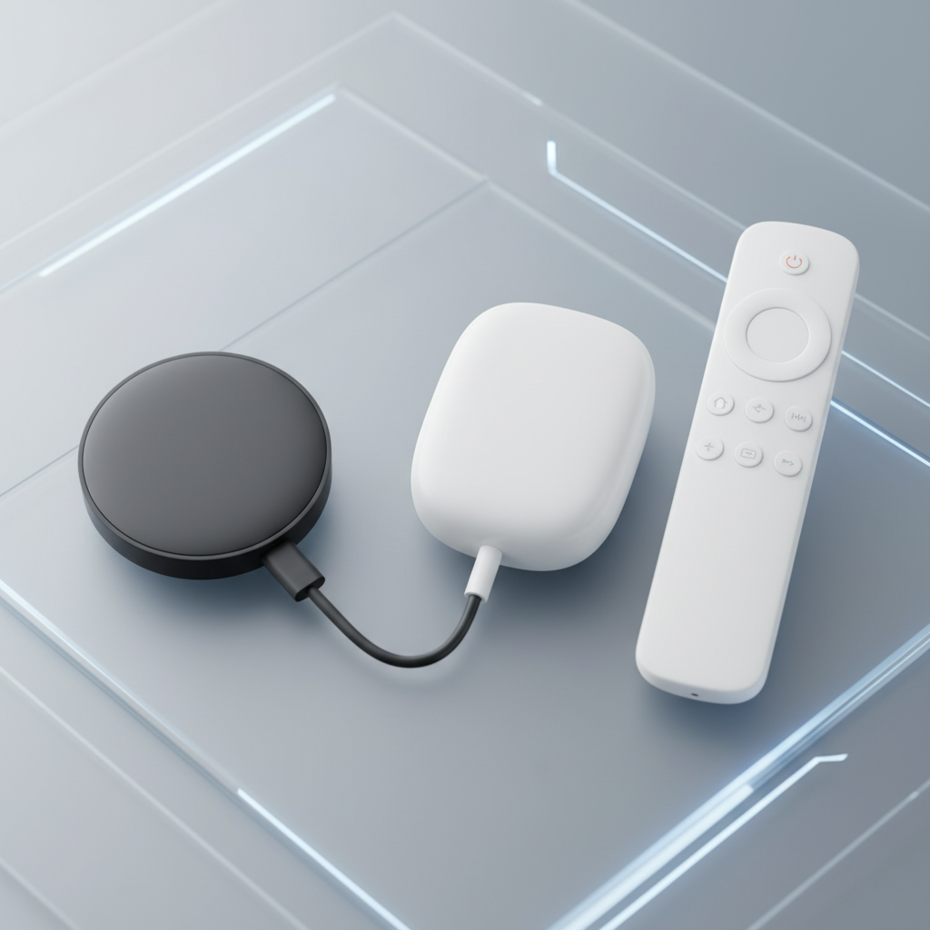 Side-by-side comparison of two generations of Chromecast dongles (old vs new), highlighting the difference in design or interface, with a clean tech background and balanced lighting. No visible text.