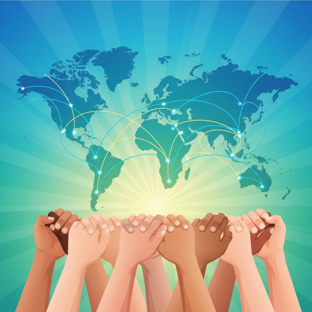 A stylized map of the world with interconnected lines representing international cooperation on AI regulation, with diverse hands (Korean appearance) joining together in the foreground, clean illustration, vibrant background, no text.