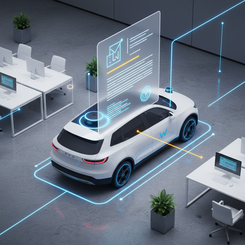 An overhead shot of a Waymo robotaxi with a transparent overlay showing a regulatory document or letter. The background is a textured, modern office setting. Style: clean infographic, modern layout, high contrast. No text.