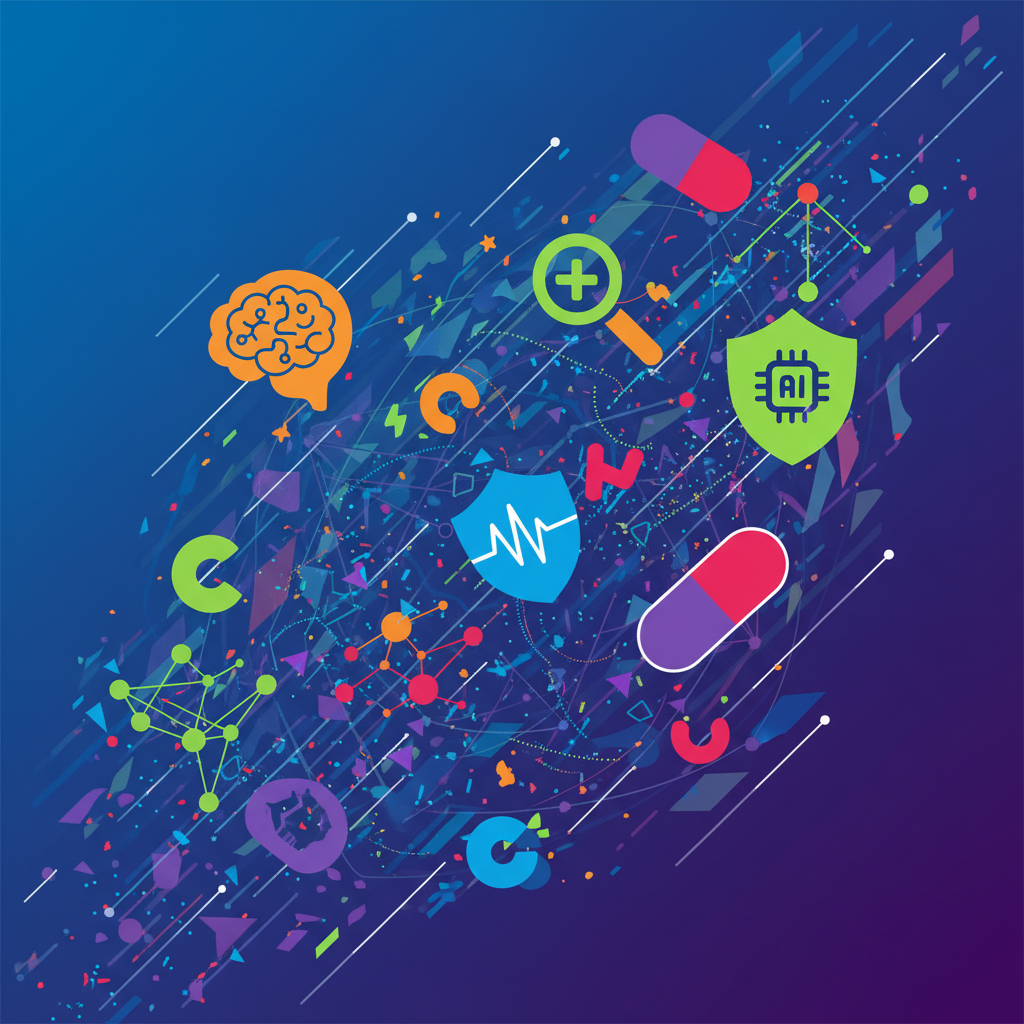 An abstract, clean infographic showing a "wild west" digital landscape for medical AI. Various AI tools are represented by stylized, distinct icons or shapes (no text), floating in a somewhat chaotic but modern and high-contrast environment. The background features a gradient of digital blues and purples, suggesting uncertainty and lack of clear boundaries. Modern layout, visually rich, no empty margins, clear visuals.