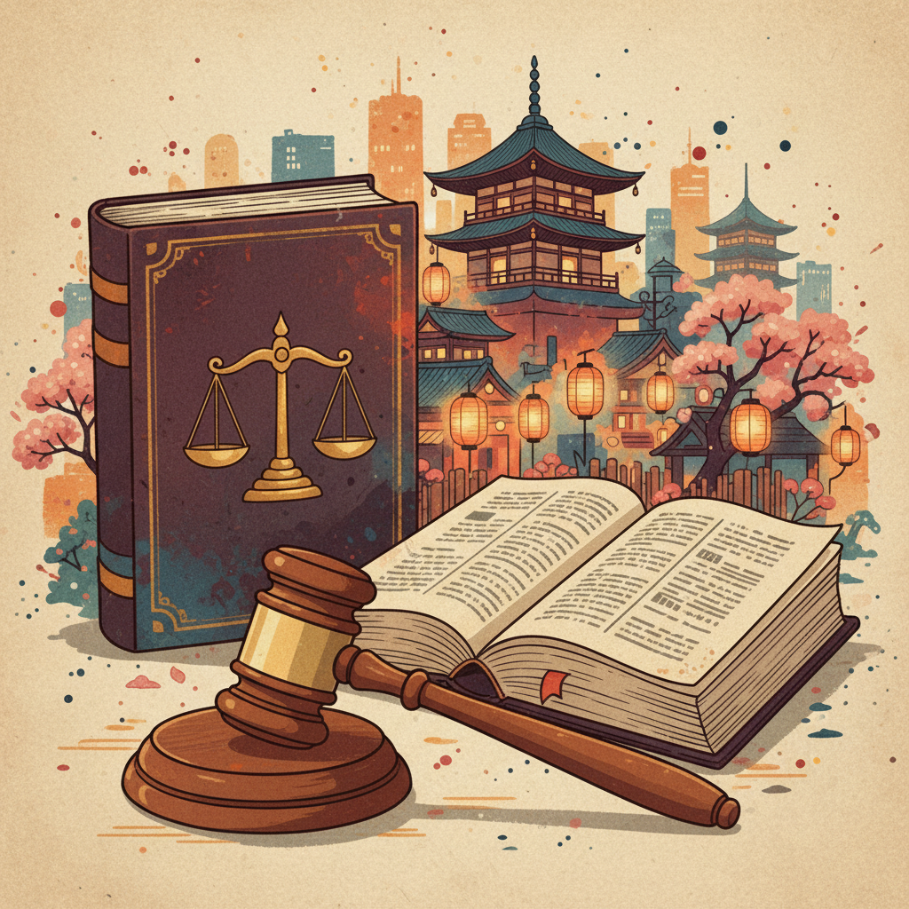 An illustration of a judge's gavel next to an open legal book with a subtle backdrop of a Japanese cityscape stylized artistic rendering textured background