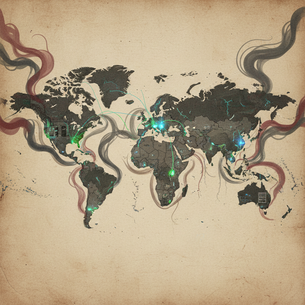An artistic rendering of a world map highlighting regions with high AI data center concentration and their environmental footprint, artistic rendering, textured background, no text
