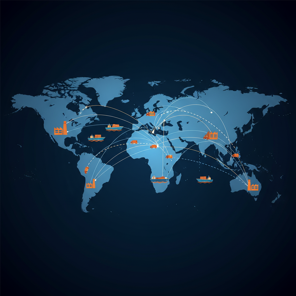 An intricate global supply chain map with some broken lines, showing factory, ship, and truck icons, modern infographic style, high contrast, blue and orange color scheme, no text, 4:3 aspect ratio