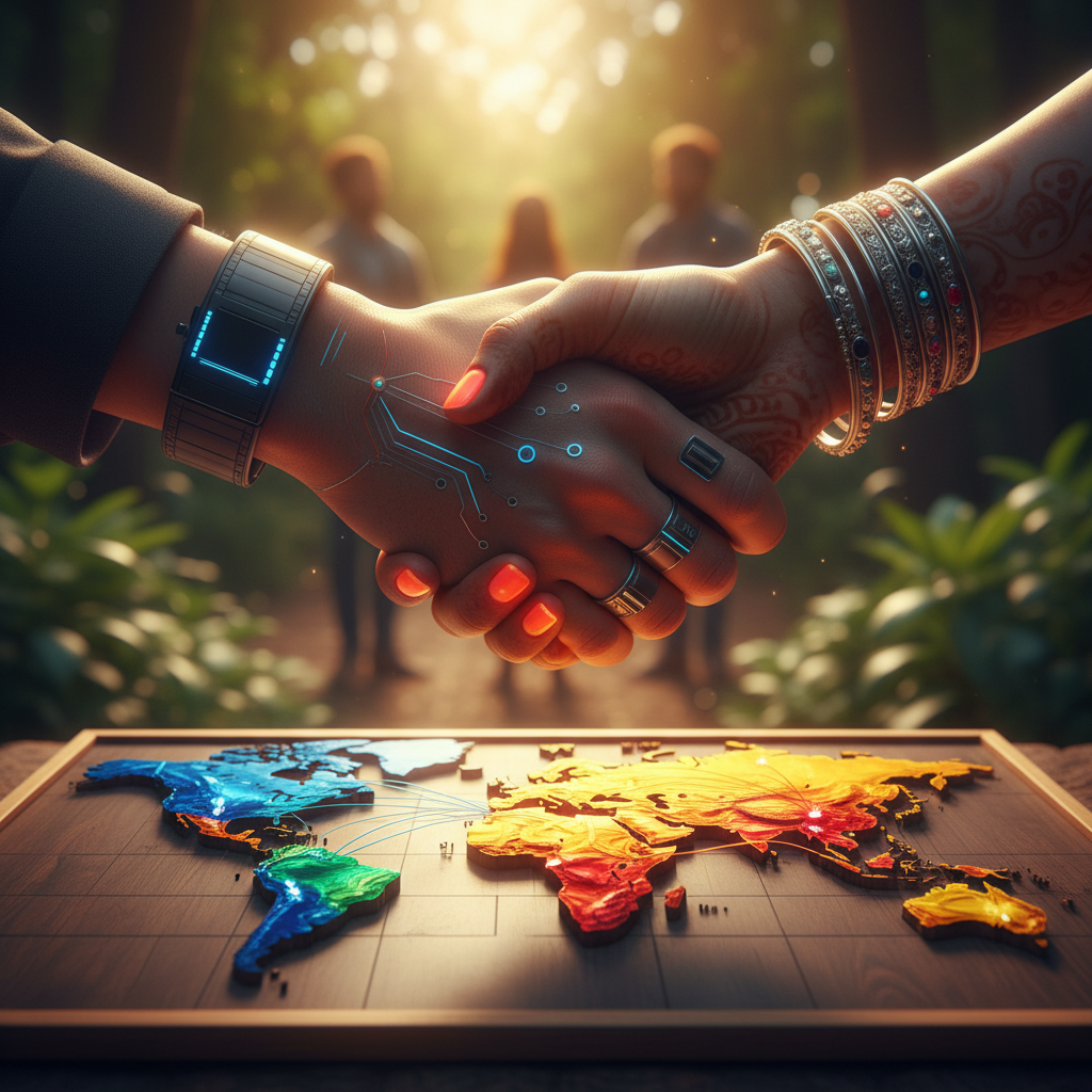 lifestyle photography, warm lighting, natural setting, two hands shaking over a stylized world map, one hand representing Silicon Valley tech and the other representing Indian innovation. Vibrant colors, soft focus background, no visible text.