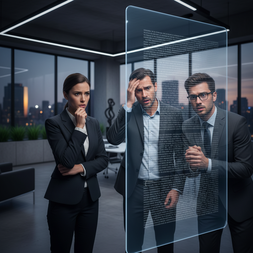 Executives in a modern office setting looking at a screen displaying complex legal text with worried expressions, professional photography style, rich background, no text.