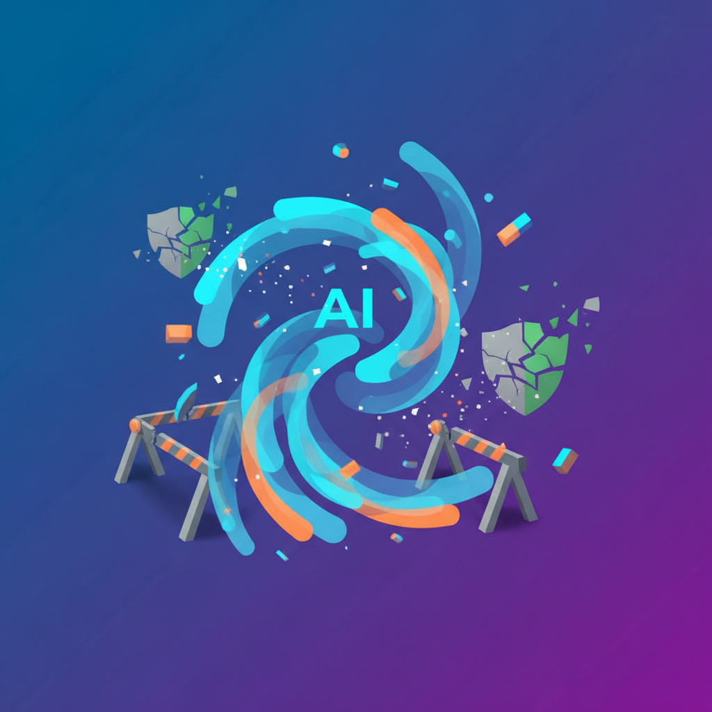 Clean infographic showing abstract symbols of AI technology circumventing or dissolving legal regulations, modern layout, high contrast, gradient background, no text, 1:1 aspect ratio