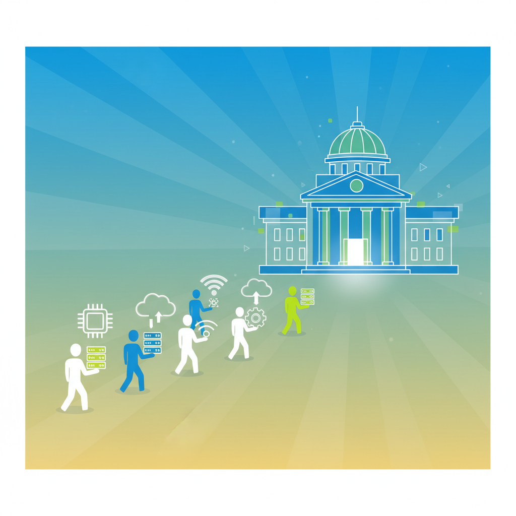 A bright and forward-looking infographic showing people with tech-related icons moving into a government-style building, representing the flow of tech talent into public service, clean infographic, modern layout, high contrast, colored background, no text, 1:1