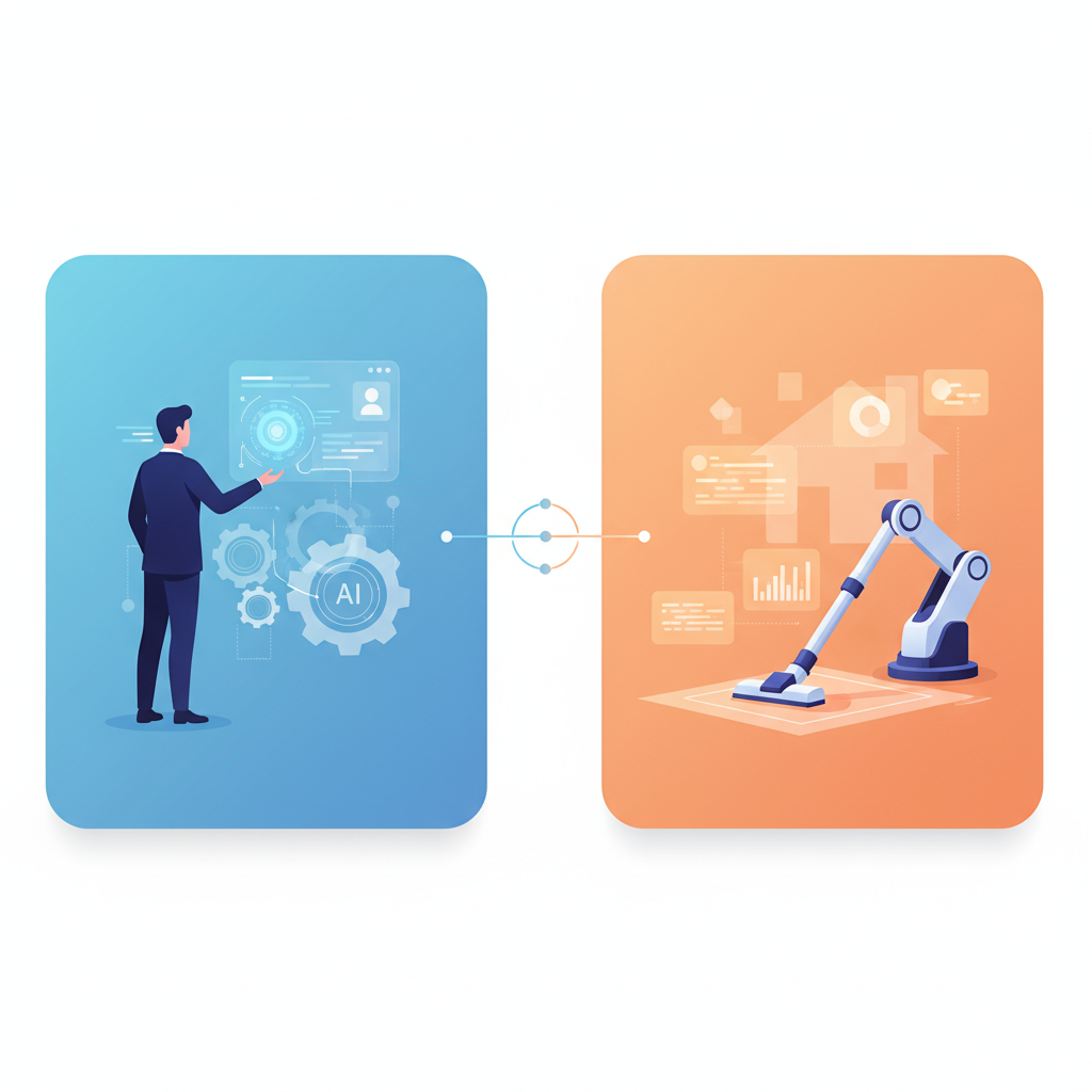 Infographic-style illustration combining two scenes: one showing a business person interacting with a subtle AI interface for internal workflows, and another showing a robot arm performing a household task with data points around it. Clean, modern layout, colored background. No visible text.