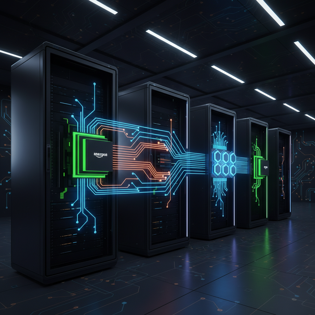 An advanced AI factory depicted within a secure, modern enterprise data center. Show sleek server racks with glowing lights, interconnected by data streams, featuring abstract representations of both Nvidia GPUs and Amazon Trainium3 chips working in harmony. The overall style is a clean, high-tech infographic with a dark, textured background and bright accent colors, without any visible text. Focus on the sophisticated infrastructure.