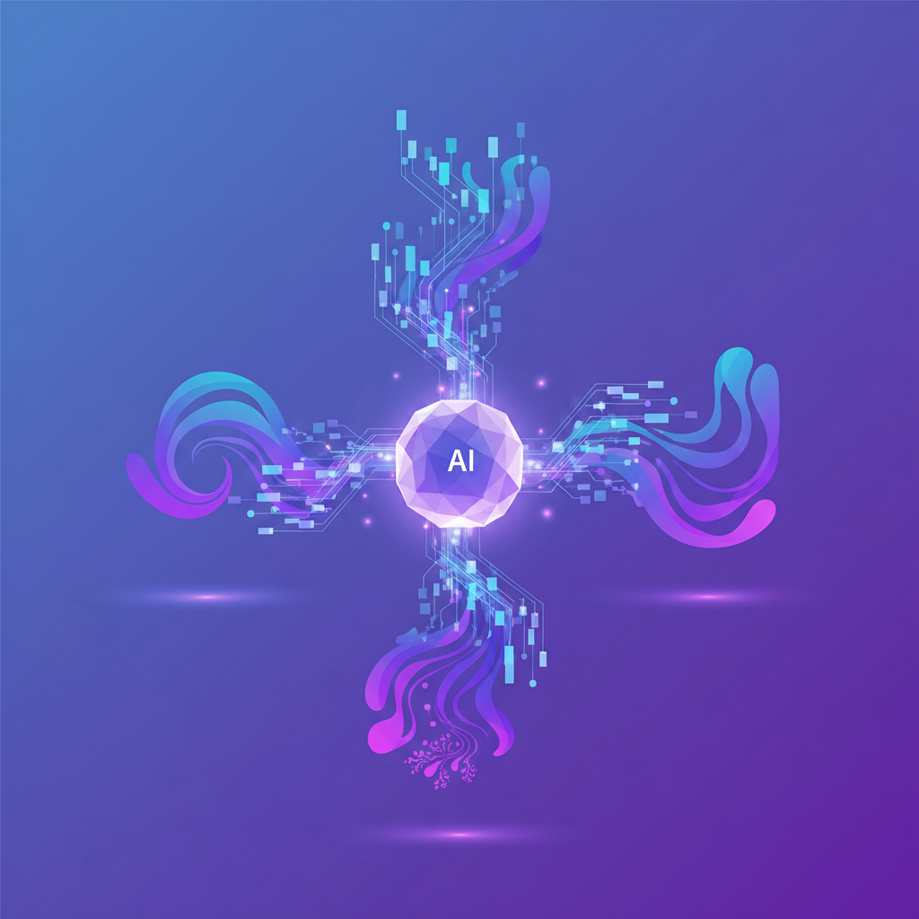 An abstract concept illustration showing various corporate data points flowing into a sophisticated AI model, with results reflecting unique brand identity. Style: clean infographic, modern layout, purple and blue gradient background. No visible text. Centered focus, bright lighting.