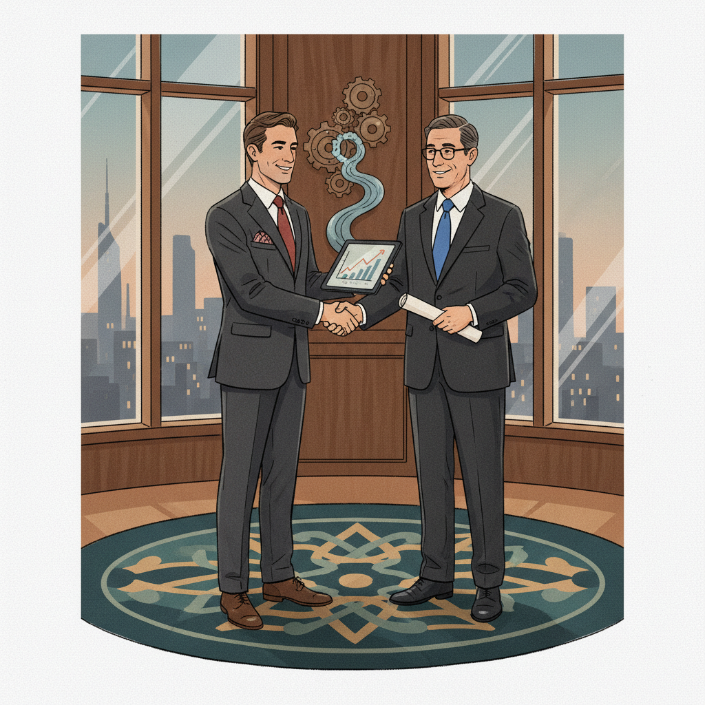 A subtle depiction of a corporate lobbyist (modern business attire) interacting with a politician (formal suit) in a sophisticated setting, hinting at influence over policy. Style: illustration, artistic rendering, textured background. No visible text.