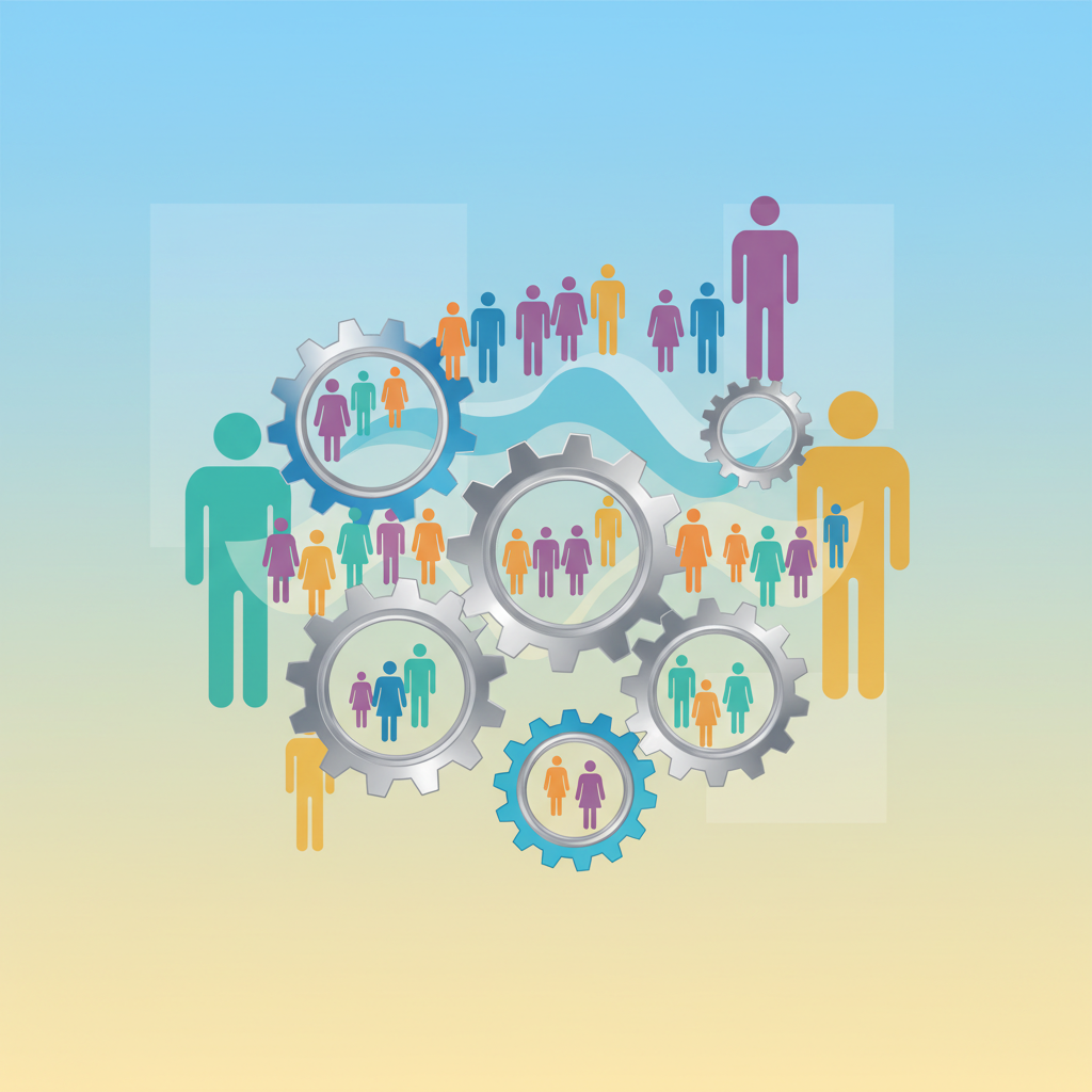 A complex abstract illustration showing interlocking gears and various human silhouettes, symbolizing corporate culture, diversity, and policy changes. Use a modern, clean infographic style with a gradient background, bright balanced lighting, and no text. Focus on the interplay of elements.
