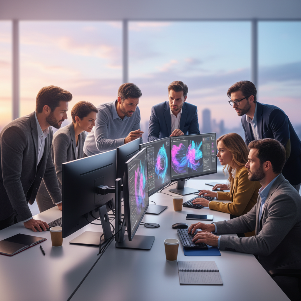 A diverse team of professionals in a modern office collaborating on a creative project, utilizing AI image generation on multiple screens, showing speed and efficiency, focused and productive atmosphere, soft gradient background, no text, 4:3 aspect ratio