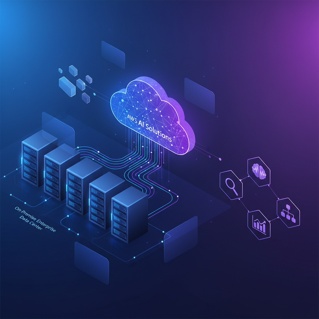 A clean infographic showing AWS AI solutions seamlessly integrated into an on-premise enterprise data center. Highlight servers, networking, and data flow with modern, high-tech visuals. Style: clean infographic, modern layout, high contrast. Gradient blue and purple background, bright lighting. No text, no numbers.