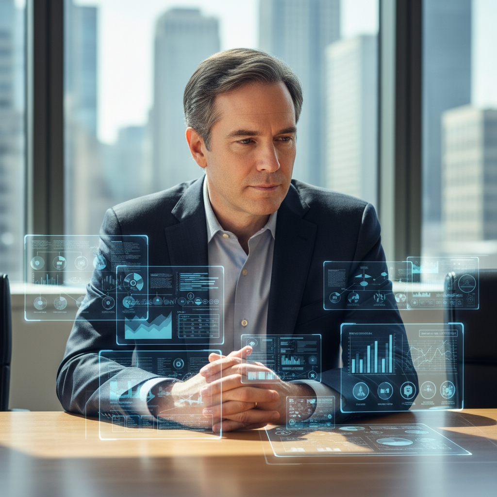 A realistic, slightly dramatic portrait of Sam Altman, looking contemplative in a modern, well-lit office setting. He is at a conference table with subtle digital interface elements visible, suggesting high-stakes decision-making in the tech industry. The background is blurred, focusing on his pensive expression. Style: professional photography. No text.