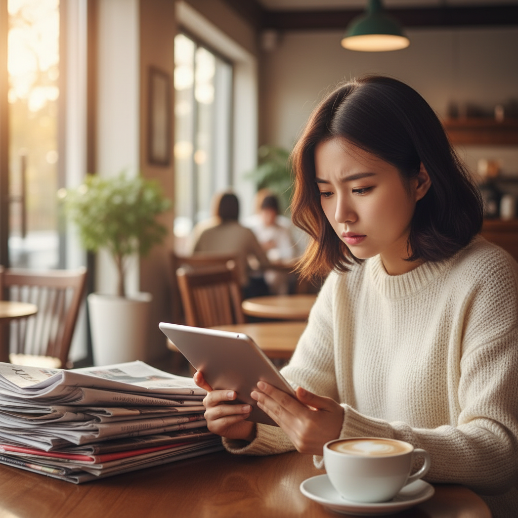 A person engrossed in reading a long-form article on a tablet, a stack of newspapers and a cup of coffee nearby, warm lighting, cozy cafe background, lifestyle photography, Korean appearance, no text, 4:3 aspect ratio.