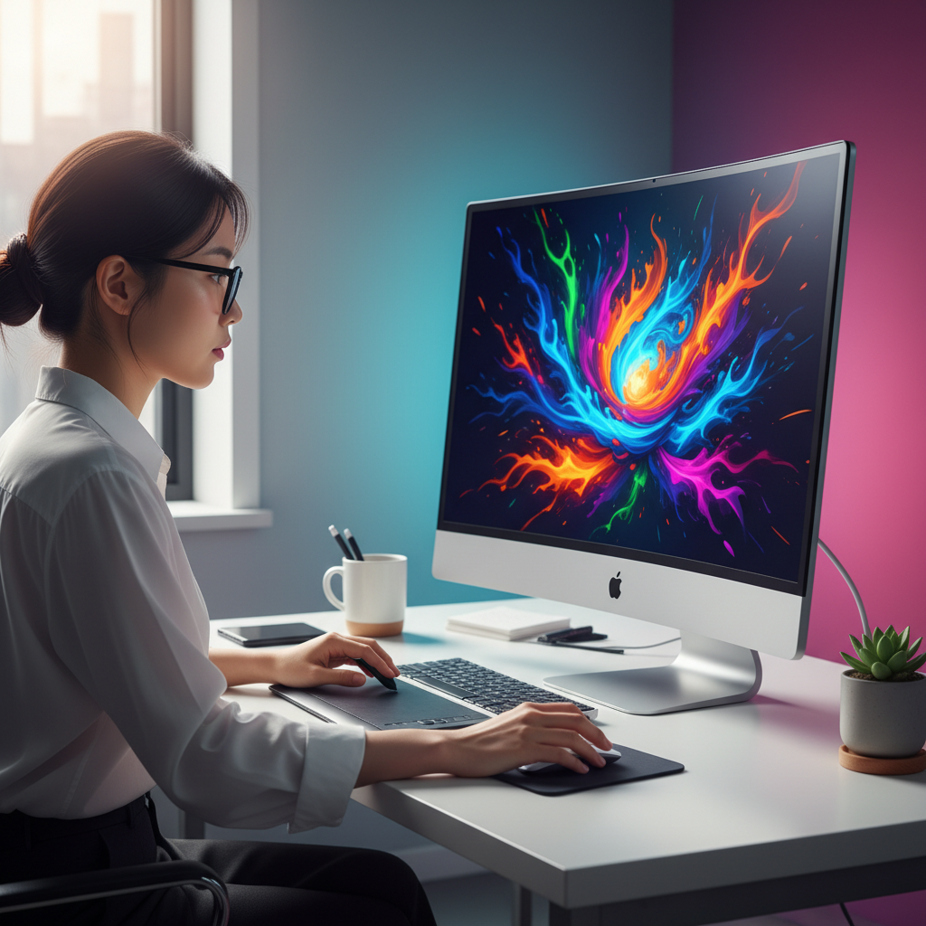 A professional using a sleek, modern all-in-one desktop computer for graphic design, vibrant colors, clean workspace, natural light, focused on the user's interaction with the screen, colored background, Korean professional, no text, 4:3 aspect ratio