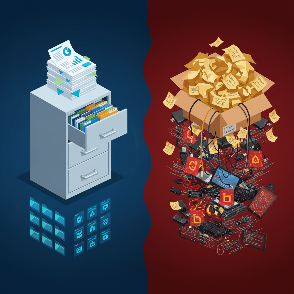 A clear, organized filing cabinet on one side and a tangled, chaotic pile of documents and digital files on the other, representing the contrast between structured and unstructured information. Clean infographic, modern layout, high contrast, colored background, centered focus, no text.