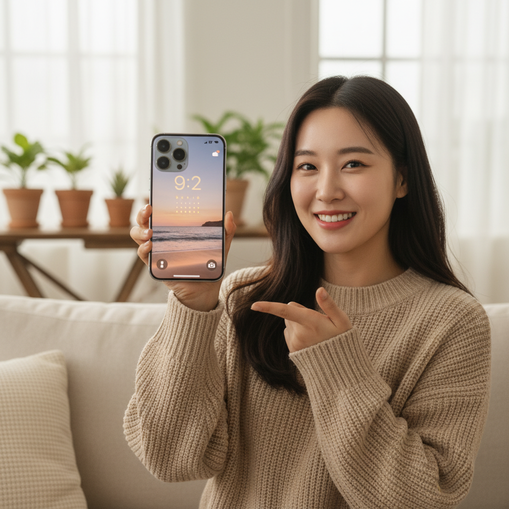 A happy Korean user confidently holding their iPhone with a personalized Lock Screen, perhaps outdoors or in a comfortable home setting. The image should convey satisfaction and ease of use. Lifestyle photography, natural lighting, textured background, no text.