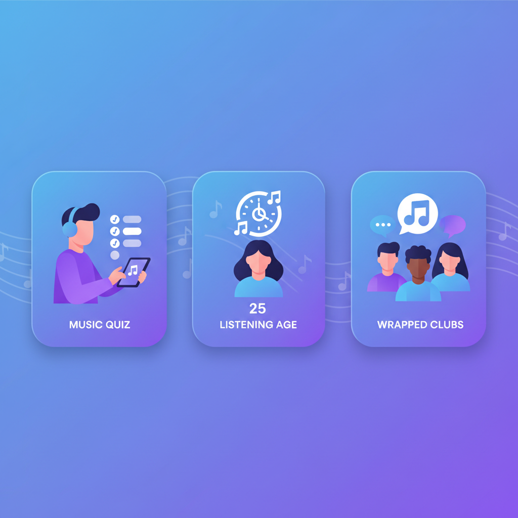 Modern layout infographic with three distinct sections representing Spotify Wrapped 2025 features: a person taking a music quiz, another person with a "listening age" icon, and a group of people symbolizing "Wrapped Clubs." Gradient background with subtle music wave patterns. No visible text.