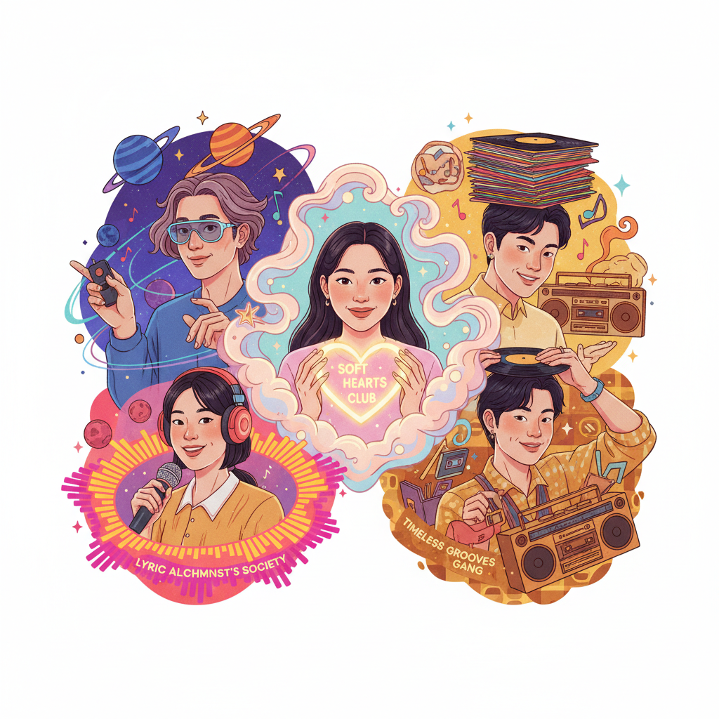 Realistic illustration of diverse Korean individuals celebrating their unique "listening club" roles (e.g., 'Soft Hearts Club', 'Cosmic Stereo Club') from Spotify Wrapped 2025, shown with vibrant, abstract club-themed backgrounds. Centered focus, no empty margins, no visible text.