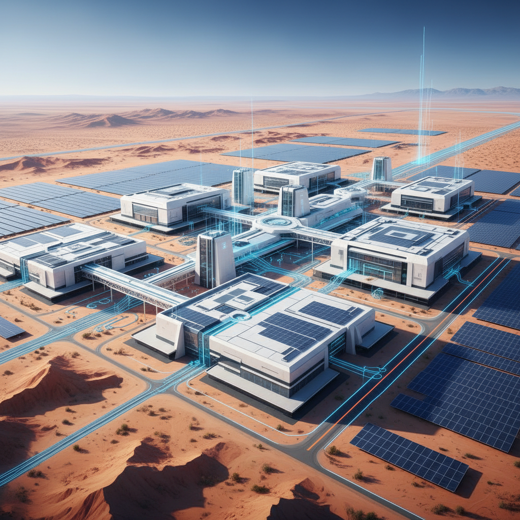 A clean infographic showing a large AI data center complex sprawling across a vast, arid Nevada desert landscape under a clear sky. Emphasize modern architecture and subtle energy flow lines. Style: clean infographic, modern layout, high contrast. No visible text. Colored background, full frame.