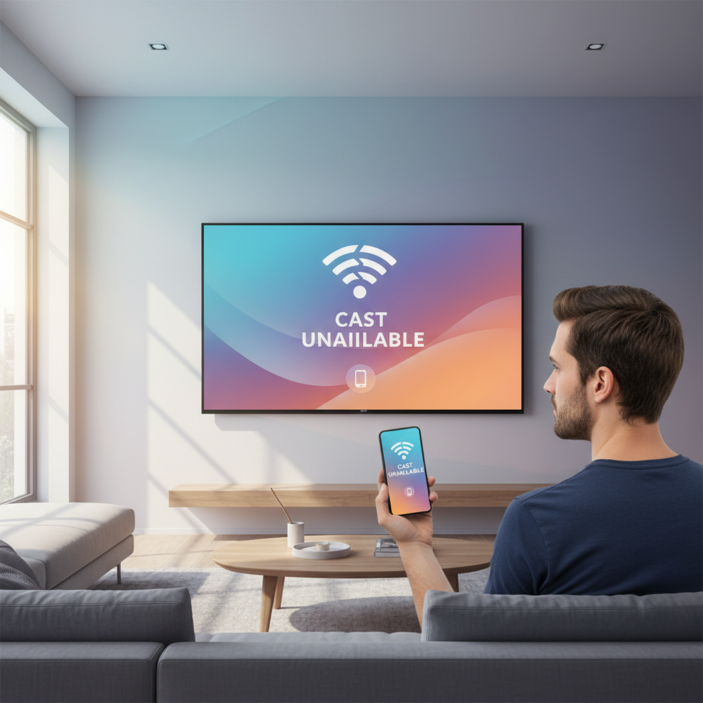 A person looking confused at a TV screen showing a "cast unavailable" message from a smartphone, with a modern home background, natural lighting, and a colored gradient background. No visible text.