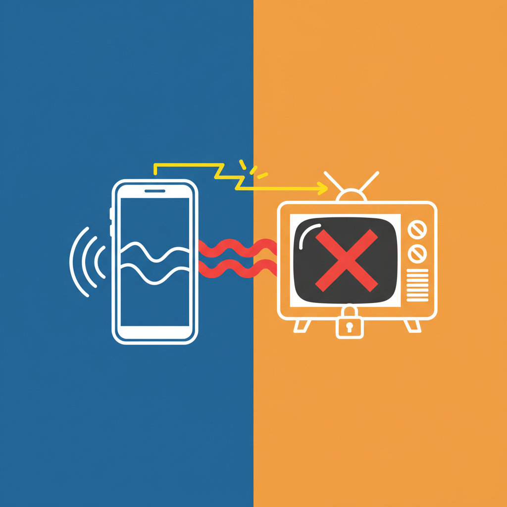 Clean infographic showing a smartphone screen casting to an old TV, with a modern, clean layout, high contrast, and a colored background. Emphasize the connection changing or being restricted. No visible text.