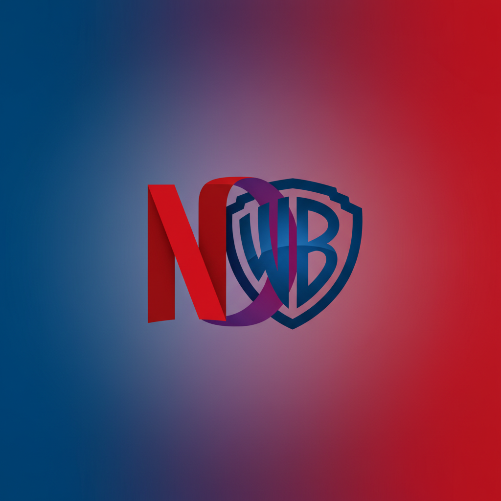 Clean infographic, modern layout, high contrast of Netflix and Warner Bros. Discovery logos merging seamlessly, representing an acquisition. The background is a subtle gradient of blue and red, filling the frame with minimal empty space. No visible text.