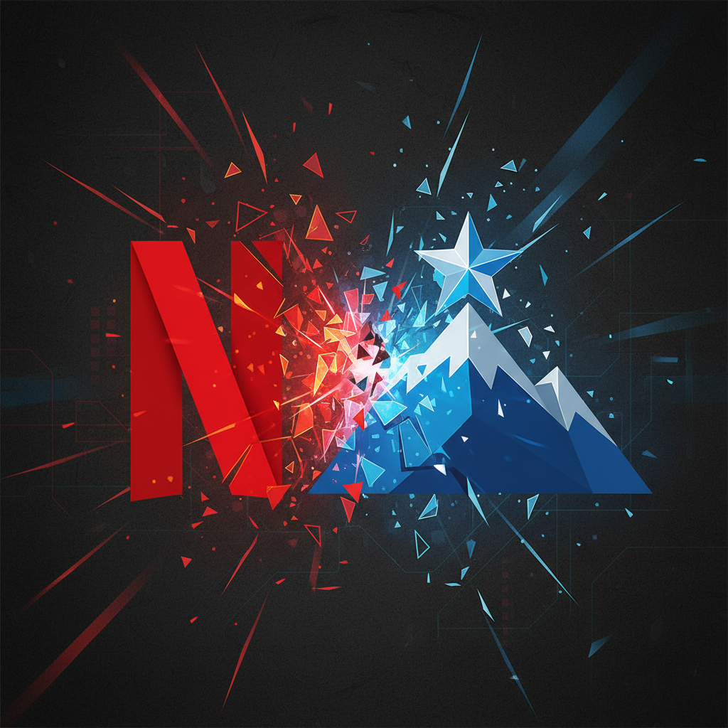 Two distinct streaming company logos, Netflix and Paramount+, fiercely clashing in a dynamic, high-contrast infographic style, with a dark, textured background, no text