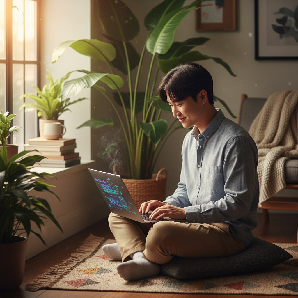 A lifestyle photograph of a Korean developer working on a laptop in a cozy, natural setting, with subtle indications of AI coding happening on the screen (abstract UI elements, no specific code). Warm lighting, soft focus background, natural expression, no text.