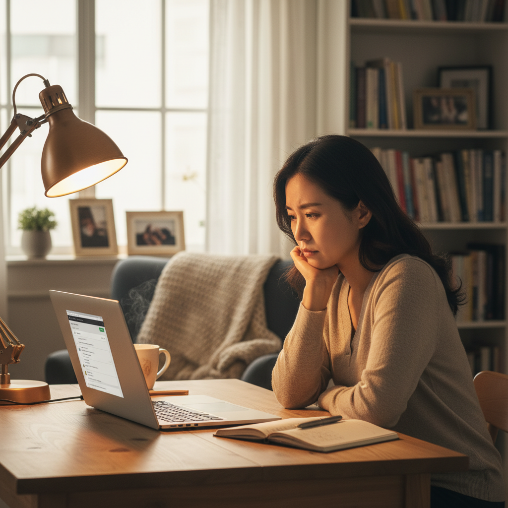 A Korean author looking at a laptop screen with Kindle Direct Publishing (KDP) settings, a pensive expression, warm lighting, cozy home office background, no text