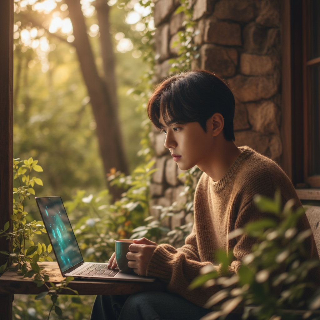 A Korean person with a thoughtful expression looking at a laptop, surrounded by a soft, warm lighting and a textured background, natural setting, no text