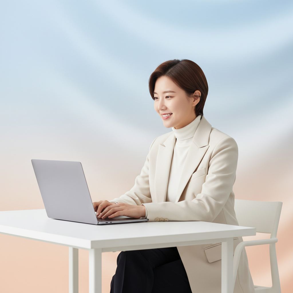 A cheerful Korean office worker looking at a laptop with a focused yet relaxed expression, surrounded by a subtle gradient background, modern and clean style, no text