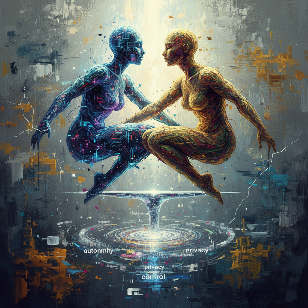 An abstract, artistic rendering of ethical dilemmas surrounding brain-computer interfaces, showing a delicate balance between technology and humanity, textured background, bright lighting, no visible text