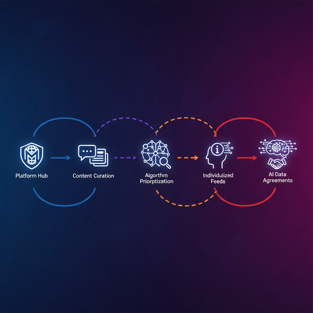 Modern infographic illustrating a timeline of Meta's changing news strategies, from platform hub to AI data agreements. Show abstract icons representing different phases against a gradient background, clean lines, and high contrast. No text.